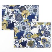 Midsummer Cats Large- Cat and Flowers- Vintage Japanese Floral- Home Decor- Wallpaper- White- Indigo Blue- Navy Blue- Gold- Yellow