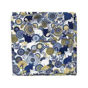 Midsummer Cats Large- Cat and Flowers- Vintage Japanese Floral- Home Decor- Wallpaper- White- Indigo Blue- Navy Blue- Gold- Yellow