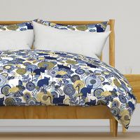 Midsummer Cats Large- Cat and Flowers- Vintage Japanese Floral- Home Decor- Wallpaper- White- Indigo Blue- Navy Blue- Gold- Yellow