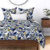 Midsummer Cats Large- Cat and Flowers- Vintage Japanese Floral- Home Decor- Wallpaper- White- Indigo Blue- Navy Blue- Gold- Yellow