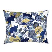 Midsummer Cats Large- Cat and Flowers- Vintage Japanese Floral- Home Decor- Wallpaper- White- Indigo Blue- Navy Blue- Gold- Yellow