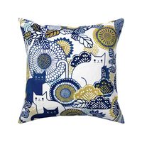Midsummer Cats Large- Cat and Flowers- Vintage Japanese Floral- Home Decor- Wallpaper- White- Navy Blue- Gold- Yellow
