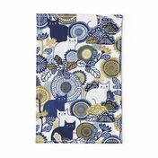 Midsummer Cats Large- Cat and Flowers- Vintage Japanese Floral- Home Decor- Wallpaper- White- Indigo Blue- Navy Blue- Gold- Yellow