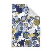 Midsummer Cats Large- Cat and Flowers- Vintage Japanese Floral- Home Decor- Wallpaper- White- Indigo Blue- Navy Blue- Gold- Yellow