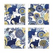 Midsummer Cats Large- Cat and Flowers- Vintage Japanese Floral- Home Decor- Wallpaper- White- Indigo Blue- Navy Blue- Gold- Yellow