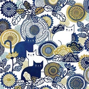 Midsummer Cats Large- Cat and Flowers- Vintage Japanese Floral- Home Decor- Wallpaper- White- Indigo Blue- Navy Blue- Gold- Yellow