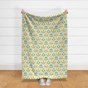 Lora Mid-Century Modern Retro Mod Floral in Turquoise Pink Yellow Green Gray on Spring Light Yellow - LARGE Scale - UnBlink Studio by Jackie Tahara