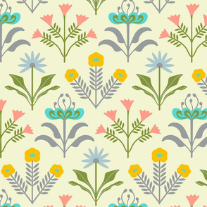 Lora Mid-Century Modern Retro Mod Floral in Turquoise Pink Yellow Green Gray on Spring Light Yellow - LARGE Scale - UnBlink Studio by Jackie Tahara