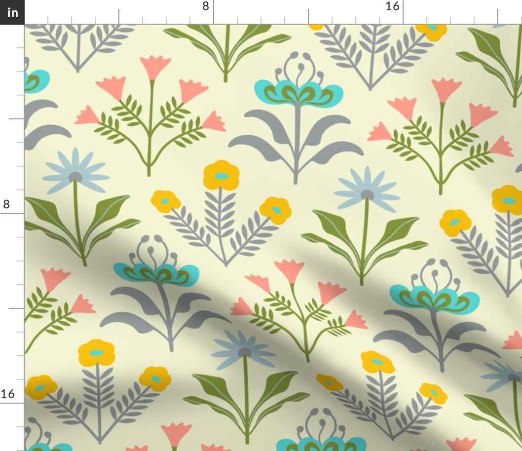 Lora Mid-Century Modern Retro Mod Floral in Turquoise Pink Yellow Green Gray on Spring Light Yellow - LARGE Scale - UnBlink Studio by Jackie Tahara