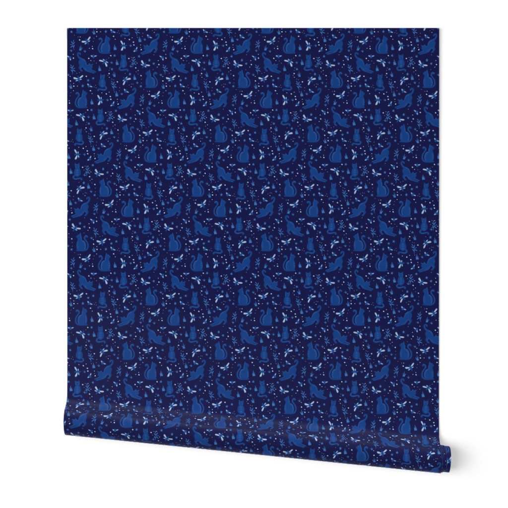 Small Cats and Dragonflies Night Prowl Navy Blue