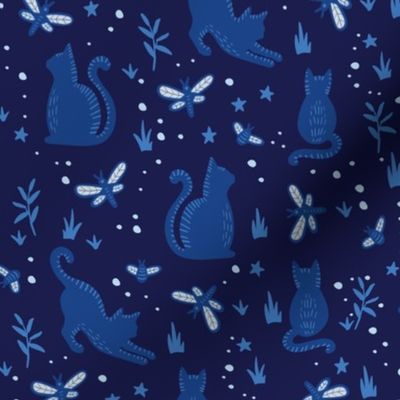 Small Cats and Dragonflies Night Prowl Navy Blue