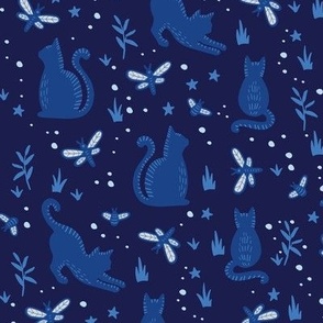 Small Cats and Dragonflies Night Prowl Navy Blue