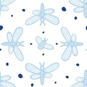 Dragonfly Frenzy Circle  Medallions Light Blue and White Large Scale