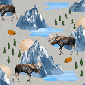 Mountains and Moose on Linen