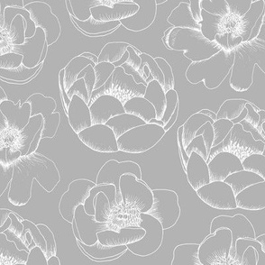 Peonies - White on Grey - Outline