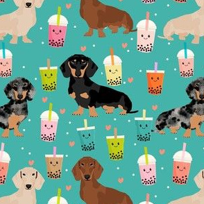 dachshund boba tea fabric - dog fabric - turquoise