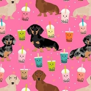 dachshund boba tea fabric - dog fabric - pink