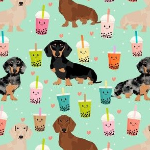 dachshund boba tea fabric - dog fabric - mint