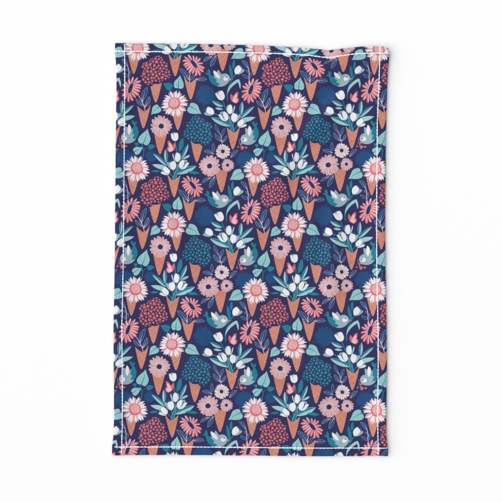 Small scale // Midsummer I scream flower cones // navy blue background pink coral and aqua and teal flowers bouquets