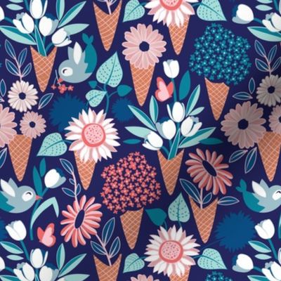 Small scale // Midsummer I scream flower cones // navy blue background pink coral and aqua and teal flowers bouquets