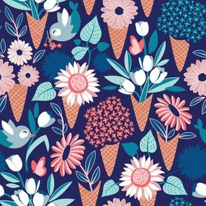 Small scale // Midsummer I scream flower cones // navy blue background pink coral and aqua and teal flowers bouquets