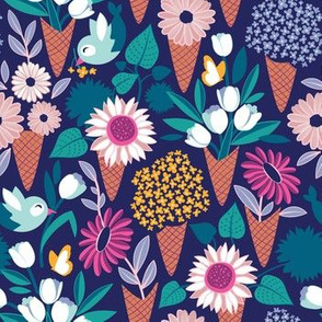 Small scale // Midsummer I scream flower cones // navy blue background pink magenta yellow and teal and violet flowers bouquets