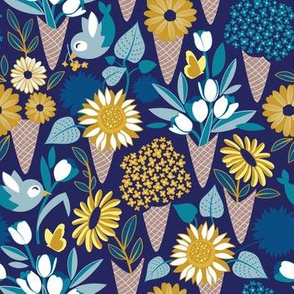 Small scale // Midsummer I scream flower cones // navy blue background blue teal and yellow flowers bouquets