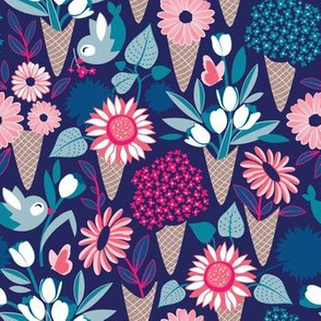 Small scale // Midsummer I scream flower cones // navy blue background blue teal and pink flowers bouquets