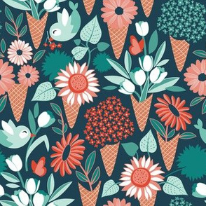 Small scale // Midsummer I scream flower cones // green background green aqua and orange flowers bouquets