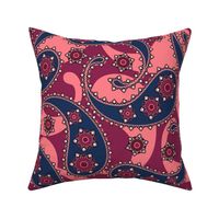 Paisley. Burgundy with blue on pink background