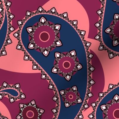 Paisley. Burgundy with blue on pink background