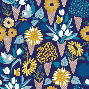 Normal scale // Midsummer I scream flower cones // navy blue background blue teal and yellow flowers bouquets