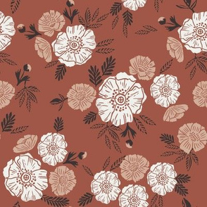 autumn floral fabric - block printed floral wallpaper -sfx1441 clay, sfx1213 almond