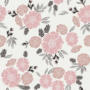 autumn floral fabric - block printed floral wallpaper -sfx1611 powder, sfx1512 rose
