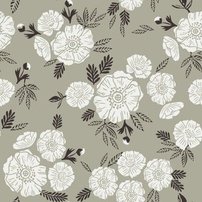 autumn floral fabric - block printed floral wallpaper - sfx0110 sage