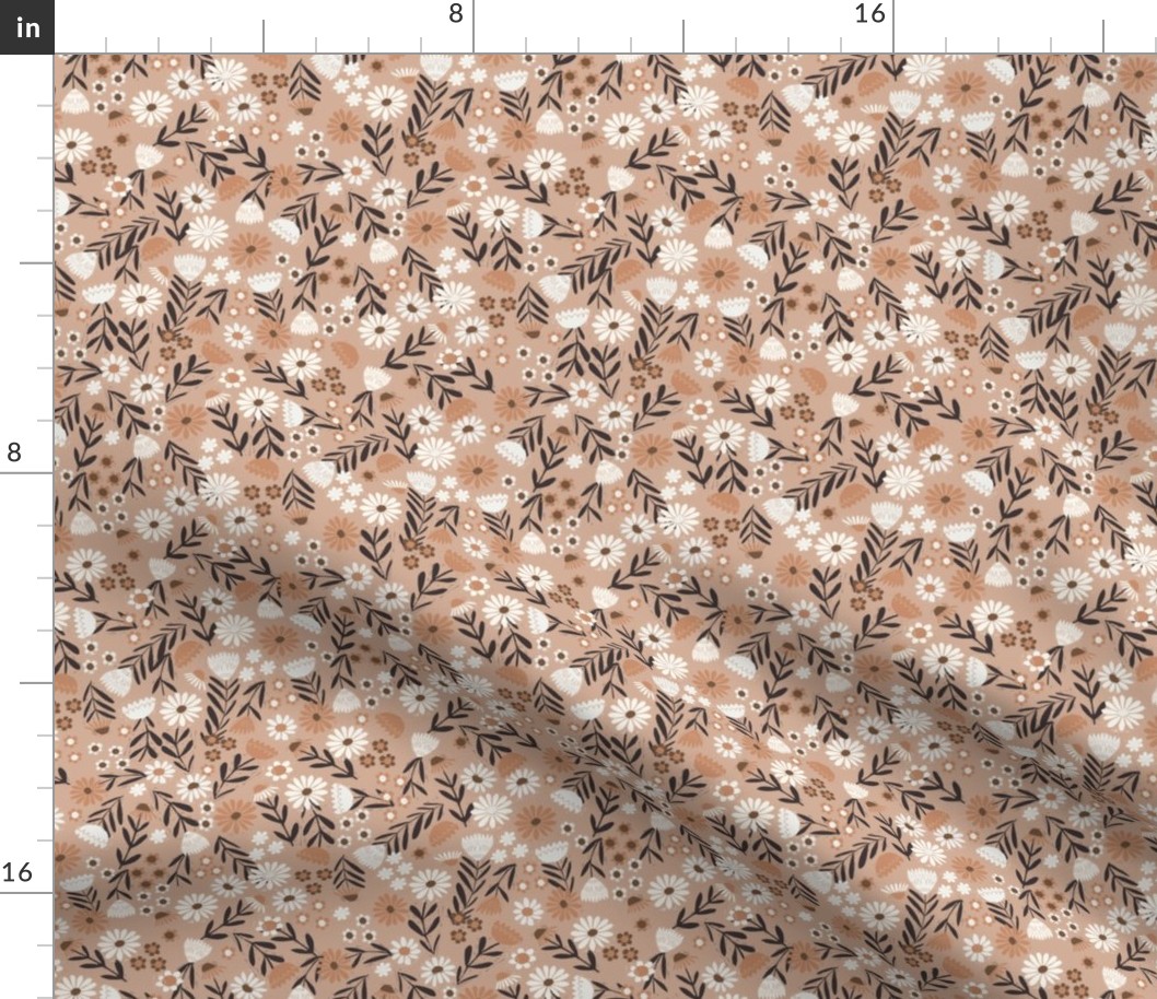 folk flower fabric - dainty feminine flowers - sfx1213, almond