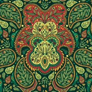 Ornate Green, Red, Teal & Yellow Paisley Pattern