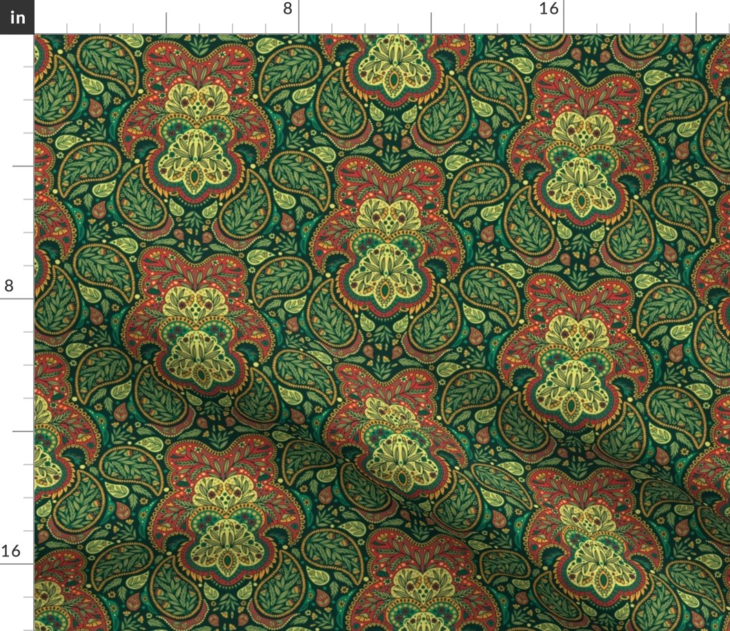 Ornate Green, Red, Teal & Yellow Paisley Pattern