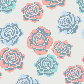 Rose-Coloured Tossed Summer Rose Floral Botanical in Pastel Blue Coral and Green on Light Gray - UnBlink Studio by Jackie Tahara