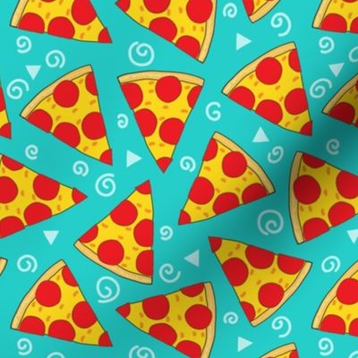 large pepperoni pizza slices on teal