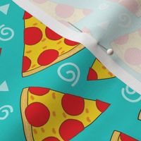 large pepperoni pizza slices on teal