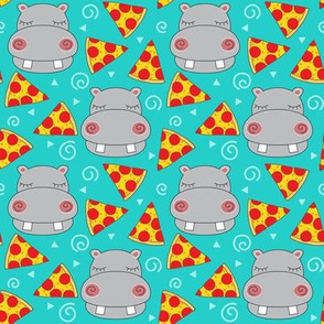 medium hippos with pizza on teal