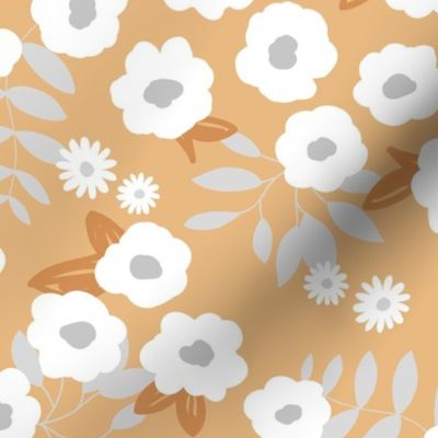 Daisies and lillies boho garden summer gray brown ochre yellow