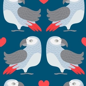 Parrot Love African Gray Parrot Love Birds with Heart in Grey Blue Red on Dark Blue - UnBlink Studio by Jackie Tahara