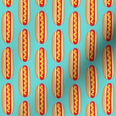 vertical hot dogs on teal