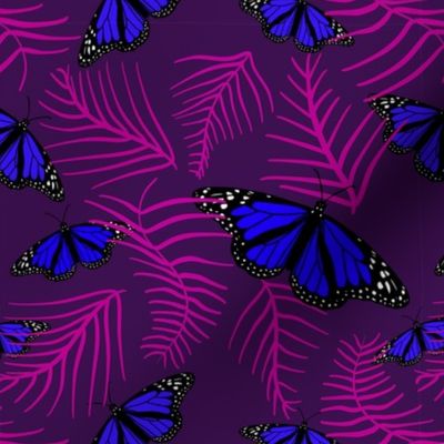 blue butterflies in purple and pink