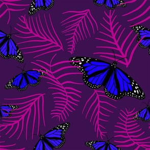 blue butterflies in purple and pink