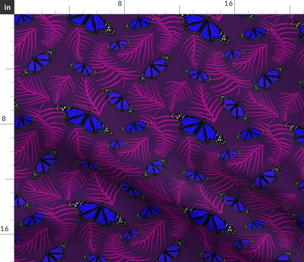 blue butterflies in purple and pink