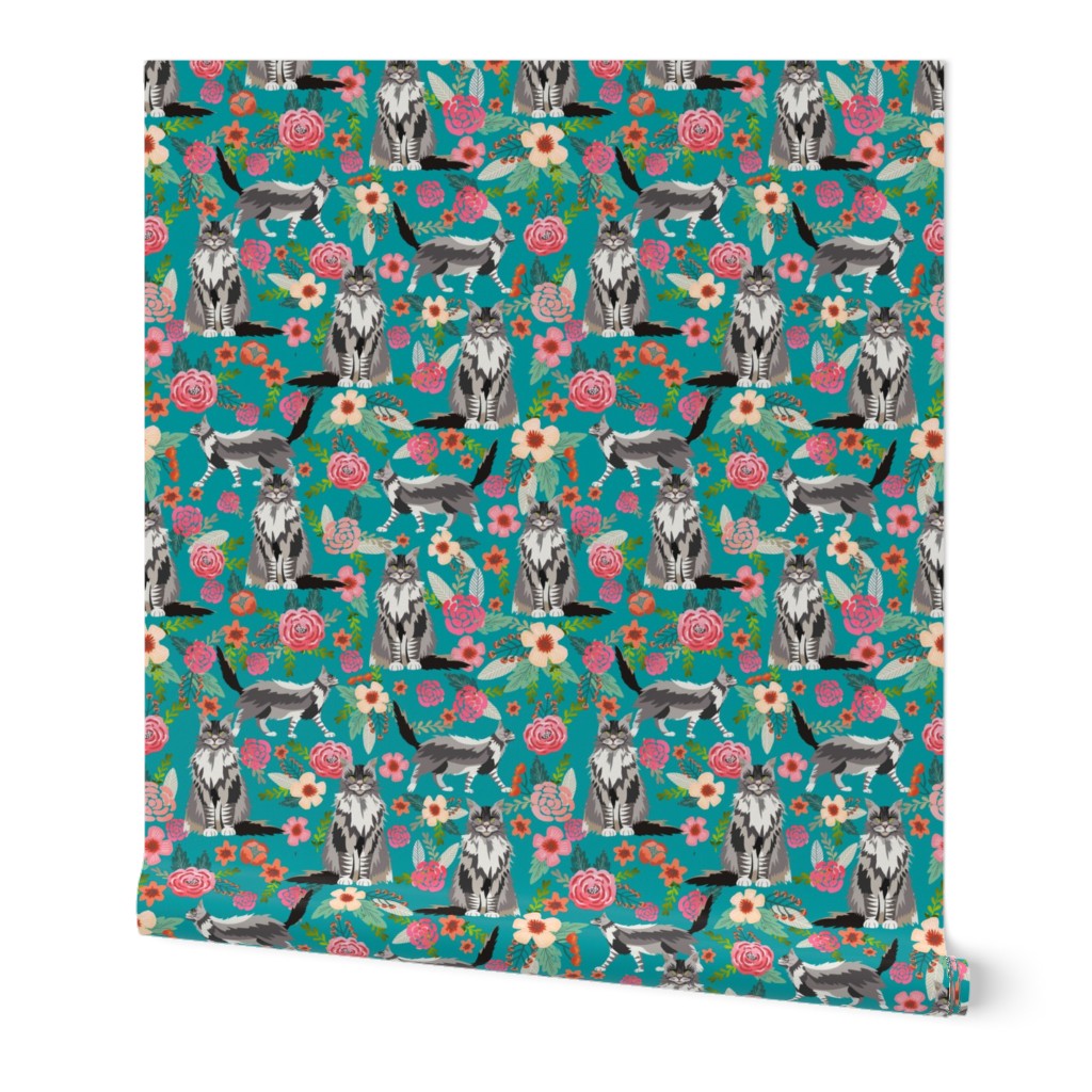 maine coon floral fabric - turquoise