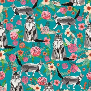 maine coon floral fabric - turquoise